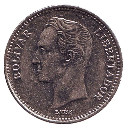 Монета 2 боливара. 1989 год, Венесуэла. (Жирный шрифт) Монета 2 боливара. 1989 год, Венесуэла. (Жирный шрифт)