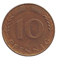 Монета 10 пфеннигов. 1969 год (J), ФРГ. Дубовые листья. Монета 10 пфеннигов. 1969 год (J), ФРГ. Дубовые листья.