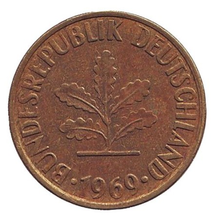 Монета 10 пфеннигов. 1969 год (J), ФРГ. Дубовые листья.