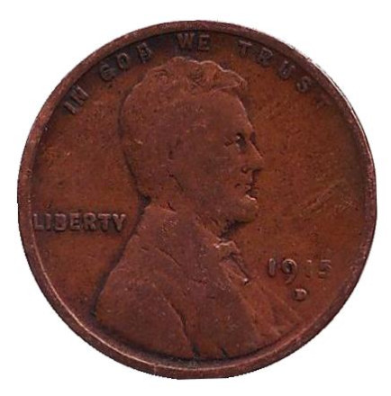 Монета 1 цент. 1915 год (D), США. Линкольн.