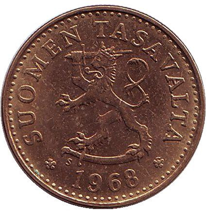 Монета 10 пенни. 1968 год, Финляндия.
