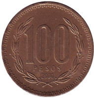 Монета 100 песо. 2000 год, Чили. Монета 100 песо. 2000 год, Чили.