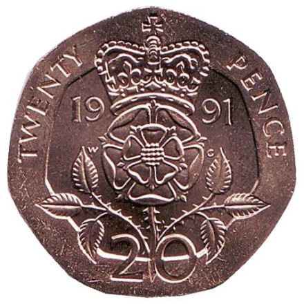 Монета 20 пенсов. 1991 год, Великобритания. BU.