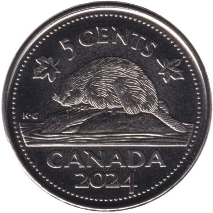 Монета 5 центов, 2024 год, Канада. Бобр. Карл III.