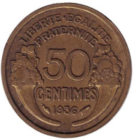 Монета 50 сантимов. 1936 год, Франция. Монета 50 сантимов. 1936 год, Франция.