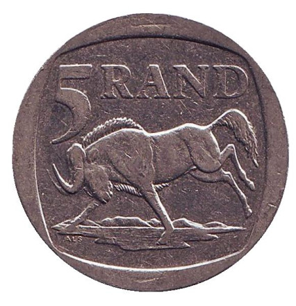 Монета 5 рандов. 1998 год, ЮАР. Антилопа гну.