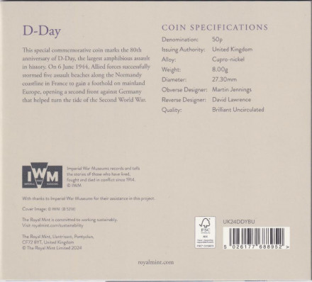Монета 50 пенсов. 2024 год, Великобритания. 80 лет высадке в Нормандии.В буклете.