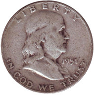 Монета 50 центов. 1951 год (D), США. Франклин. Монета 50 центов. 1951 год (D), США. Франклин.
