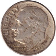 Монета 10 центов. 1959 год, США. Монетный двор D. Рузвельт. Монета 10 центов. 1959 год, США. Монетный двор D. Рузвельт.