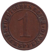 Монета 1 рейхспфенниг. 1927 год (E), Веймарская республика. Монета 1 рейхспфенниг. 1927 год (E), Веймарская республика.