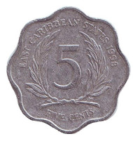 Монета 5 центов. 1998 год, Восточно-Карибские государства. Монета 5 центов. 1998 год, Восточно-Карибские государства.