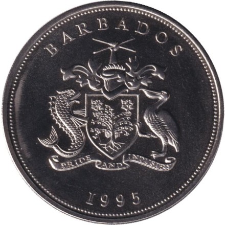 Монета 5 долларов. 1995 год, Барбадос. 50 лет ООН. Монета 5 долларов. 1995 год, Барбадос. 50 лет ООН.