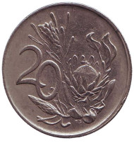 Монета 20 центов. 1989 год, ЮАР. Цветок протея. Монета 20 центов. 1989 год, ЮАР. Цветок протея.