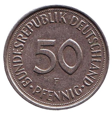 Монета 50 пфеннигов. 1989 (F) год, ФРГ. Женщина, сажающая дуб. Монета 50 пфеннигов. 1989 (F) год, ФРГ. Женщина, сажающая дуб.