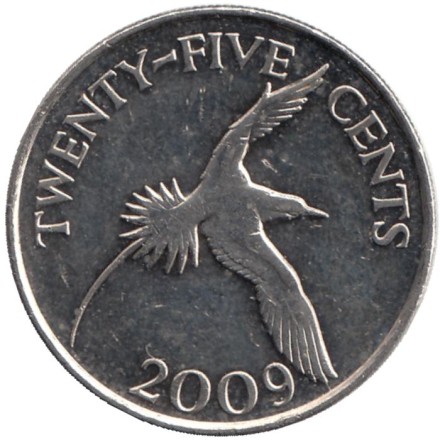 Монета 25 центов. 2009 год, Бермудские острова. Белохвостый фаэтон.