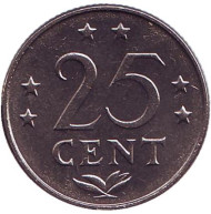 Монета 25 центов, 1977 год, Нидерландские Антильские острова. Монета 25 центов, 1977 год, Нидерландские Антильские острова.
