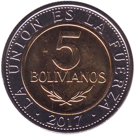 Монета 5 боливиано. 2017 год, Боливия.