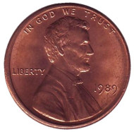 Монета 1 цент. 1989 год (P), США. Линкольн. Монета 1 цент. 1989 год (P), США. Линкольн.