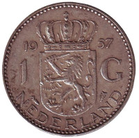 Монета 1 гульден. 1957 год, Нидерланды.
