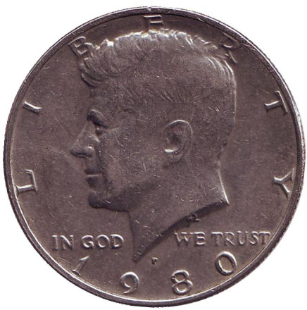 Монета 50 центов. 1980 год (P), США. Из обращения. Джон Кеннеди.
