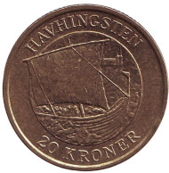 Монета 20 крон. 2008 год, Дания. Драккар. Морской конь из Глендалу. Монета 20 крон. 2008 год, Дания. Драккар. Морской конь из Глендалу.