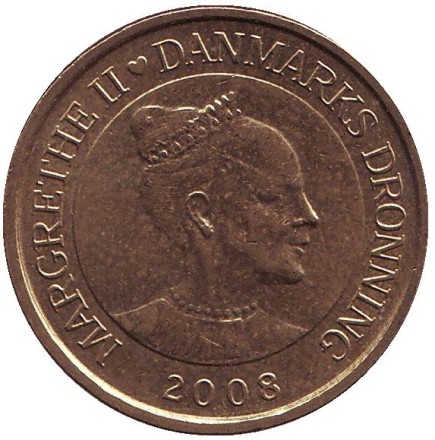 Монета 20 крон. 2008 год, Дания. Драккар. Морской конь из Глендалу.