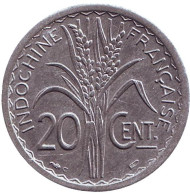 Монета 20 сантимов. 1945 год, Французский Индокитай. XF-aUNC. ("C" - Кастельсарразен) Монета 20 сантимов. 1945 год, Французский Индокитай. XF-aUNC. ("C" - Кастельсарразен)