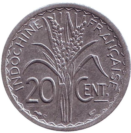 Монета 20 сантимов. 1945 год, Французский Индокитай. XF-aUNC. ("C" - Кастельсарразен)