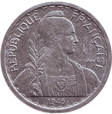 Монета 20 сантимов. 1945 год, Французский Индокитай. XF-aUNC. ("C" - Кастельсарразен)