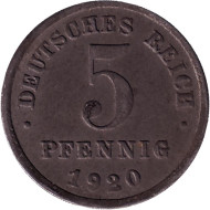 Монета 5 пфеннигов. 1920 год (F), Германская империя. Монета 5 пфеннигов. 1920 год (F), Германская империя.