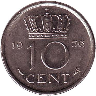 Монета 10 центов. 1956 год, Нидерланды.