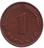 Монета 1 пфенниг. 1970 год (J), ФРГ. Дубовые листья. Монета 1 пфенниг. 1970 год (J), ФРГ. Дубовые листья.