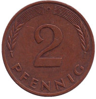 Монета 2 пфеннига. 1978 год (D), ФРГ. Дубовые листья. Монета 2 пфеннига. 1978 год (D), ФРГ. Дубовые листья.