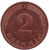 Монета 2 пфеннига. 1996 год (D), ФРГ. Дубовые листья. Монета 2 пфеннига. 1996 год (D), ФРГ. Дубовые листья.