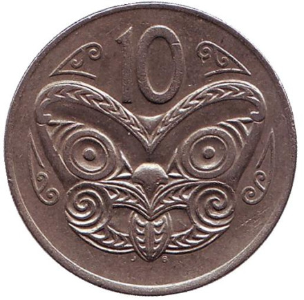 Монета 10 центов. 1970 год, Новая Зеландия. Маска маори.