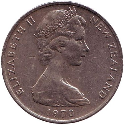 Монета 10 центов. 1970 год, Новая Зеландия. Маска маори. Монета 10 центов. 1970 год, Новая Зеландия. Маска маори.