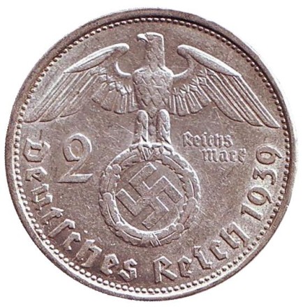 Монета 2 рейхсмарки. 1939 (B) год, Третий Рейх (Германия). Гинденбург. Монета 2 рейхсмарки. 1939 (B) год, Третий Рейх (Германия). Гинденбург.