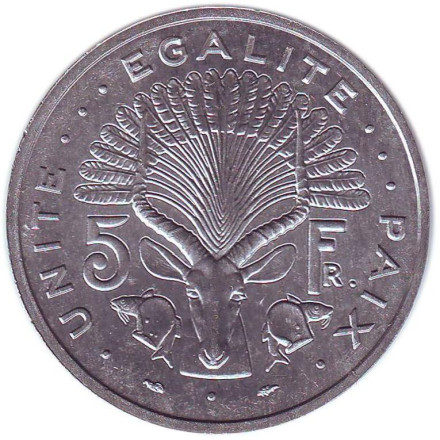 Монета 5 франков, 1991 год, Джибути. Антилопа.