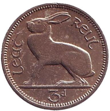 Монета 3 пенса. 1950 год, Ирландия. Заяц.
