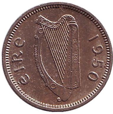 Монета 3 пенса. 1950 год, Ирландия. Заяц. Монета 3 пенса. 1950 год, Ирландия. Заяц.