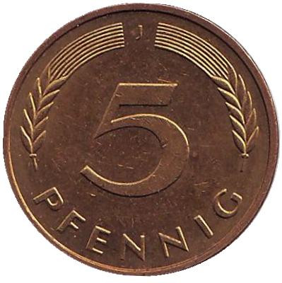 Монета 5 пфеннигов. 1996 год (J), ФРГ. Дубовые листья.