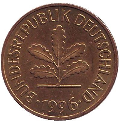 Монета 5 пфеннигов. 1996 год (J), ФРГ. Дубовые листья. Монета 5 пфеннигов. 1996 год (J), ФРГ. Дубовые листья.