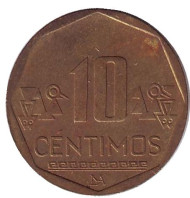 Монета 10 сентимов. 2008 год, Перу. Монета 10 сентимов. 2008 год, Перу.