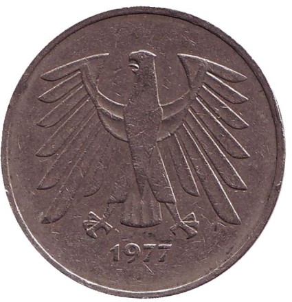 Монета 5 марок. 1977 год (J), ФРГ.