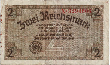 Банкнота 2 рейхсмарки. 1940-1945 гг., Третий Рейх. (Оккупированные территории). Тип 1.