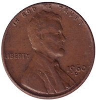 Монета 1 цент. 1960 год (D), США. Линкольн. Монета 1 цент. 1960 год (D), США. Линкольн.