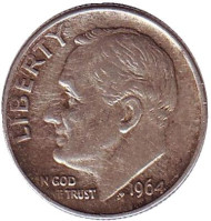 Монета 10 центов. 1964 год, США. Без обозначения монетного двора. Рузвельт. Монета 10 центов. 1964 год, США. Без обозначения монетного двора. Рузвельт.