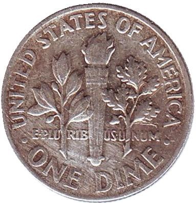 Монета 10 центов. 1964 год, США. Без обозначения монетного двора. Рузвельт.