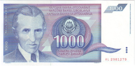 Банкнота 1000 динаров. 1991 год, Югославия. Никола Тесла.