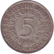 Монета 5 марок. 1960 год (J), ФРГ. Монета 5 марок. 1960 год (J), ФРГ.